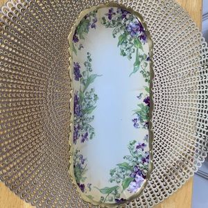 Antique O&EG Royal Austria Celery Dish Hand Painted Purple Flowers signed Fann